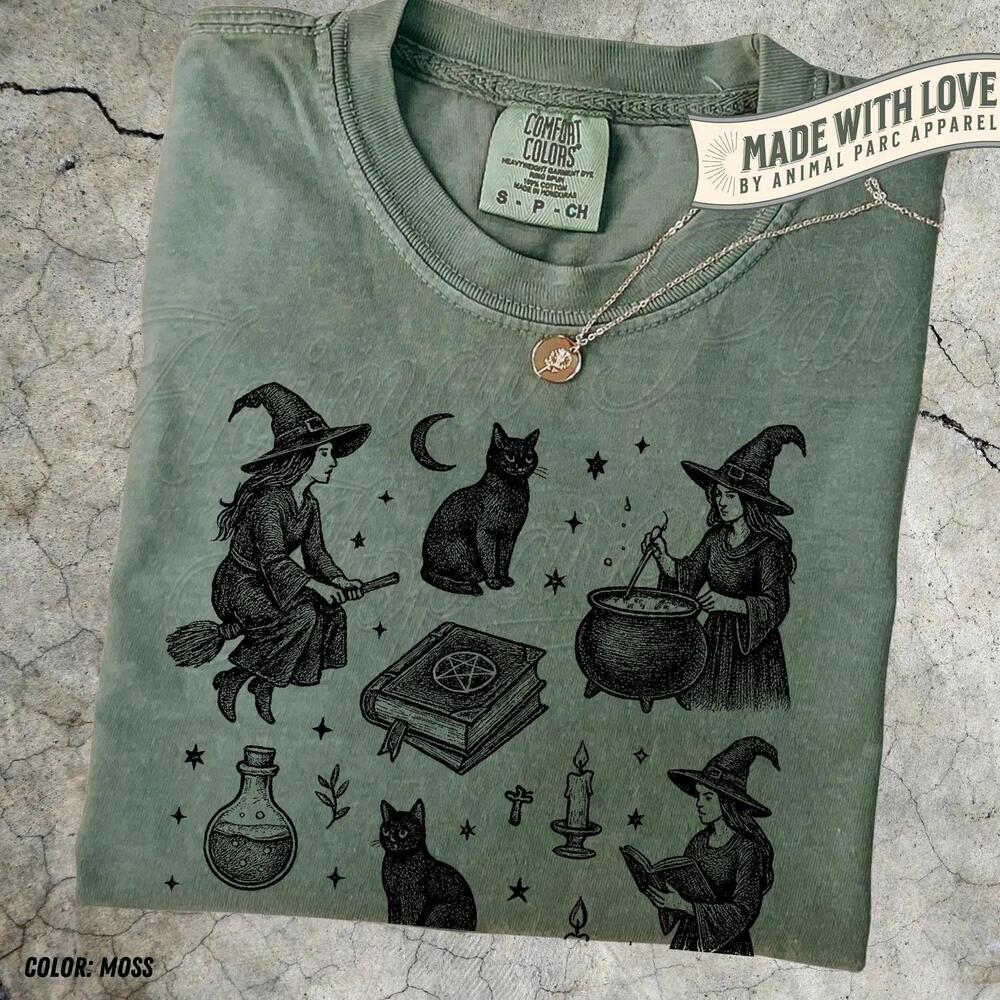 Witch T Shirt, Gothic Witchcraft Graphic Tee, Black Cat Shirt, Wiccan